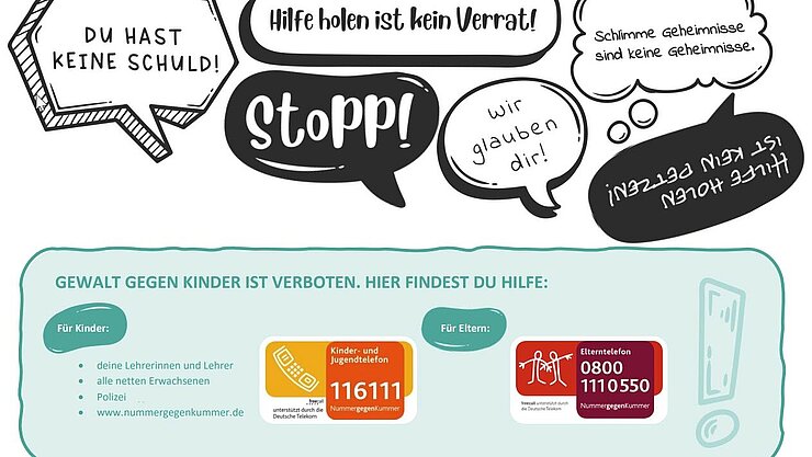 Abgebildet ist ein Ausschnitt des Bastelbogens für das Plakat: Zu sehen sind Sprechblasen zum Ausschneiden "Du hast keine Schuld!", "Hilfe holen ist kein Verrat!", "wir glauben Dir" und einige mehr. Außerdem ist eine Infobox abgebildet mit Vorschlägen, an wen man sich wenden kann - jeweils für Kinder und für Eltern.