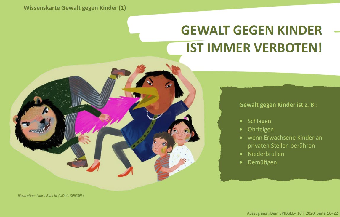 Abgebildet ist die illustrierte Wissenskarte "Gewalt gegen Kinder ist immer verboten!" Der Hintergrund ist grün und neben dem Textfeld ist eine Illustration abgebildet, auf der ein fauchender Vogel und ein Löwe in menschlicher Gestalt abgebildet sind. Davor, in einer beobachtenden Position, zwei Kinder mit ängstlichem Gesichtsausdruck, die sich schützend umarmen.