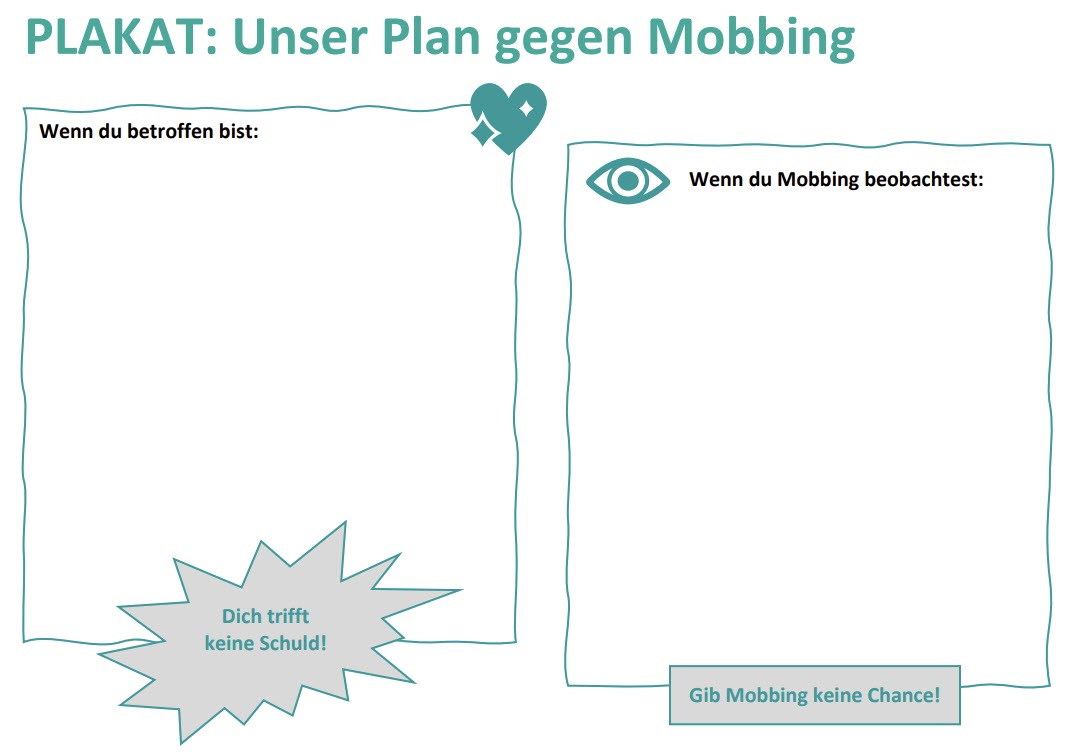 Abgebildet wird ein Ausschnitt des Plakats "Unser Plan gegen Mobbing": Wenn du betroffen bist. Wenn du Mobbing beobachtest. 