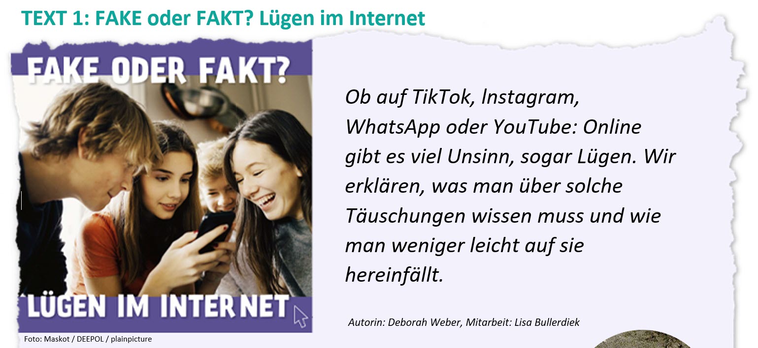 Ausschnitt des Textauszuges "Fake oder Fakt? Lügen im Internet". Neben Überschrift und Text sind auf einem Foto vier Jugendliche abgebildet, die auf ein Smartphone schauen.