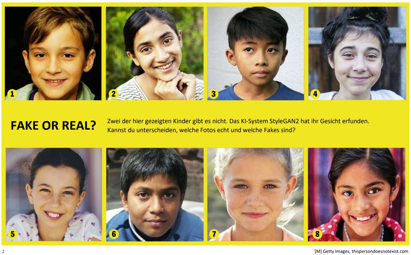Abgebildet ist die Präsentationsvorlage "Fake oder real?" mit acht Fotos von Kindern. Sechs der abgebildeten Kinder gibt es wirklich, zwei nicht.