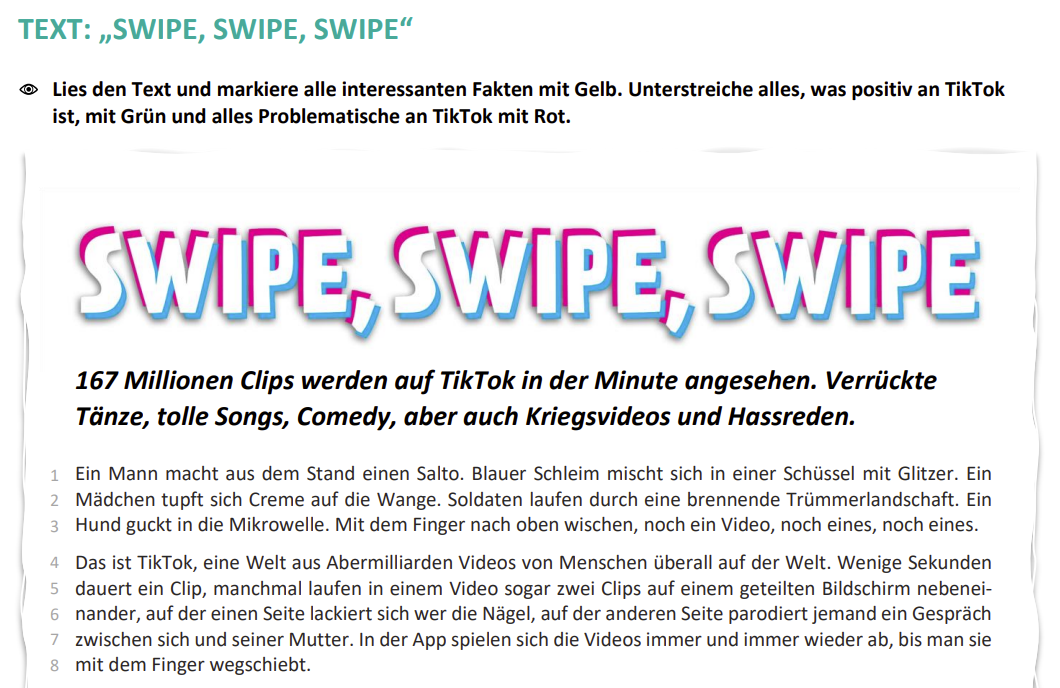 Abgebildet ist ein Ausschnitt aus dem Textauszug "Swipe, Swipe, Swipe". 