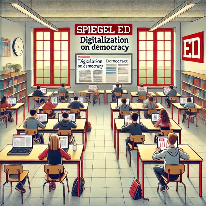Beispielhaft erstellte Grafik mit der DALL-E Bildgenerierungs-KI. Dargestellt ist ein fiktiver Klassenraum mit Schülerinnen und Schülern die an Tischen in ihre Laptops schauen. 